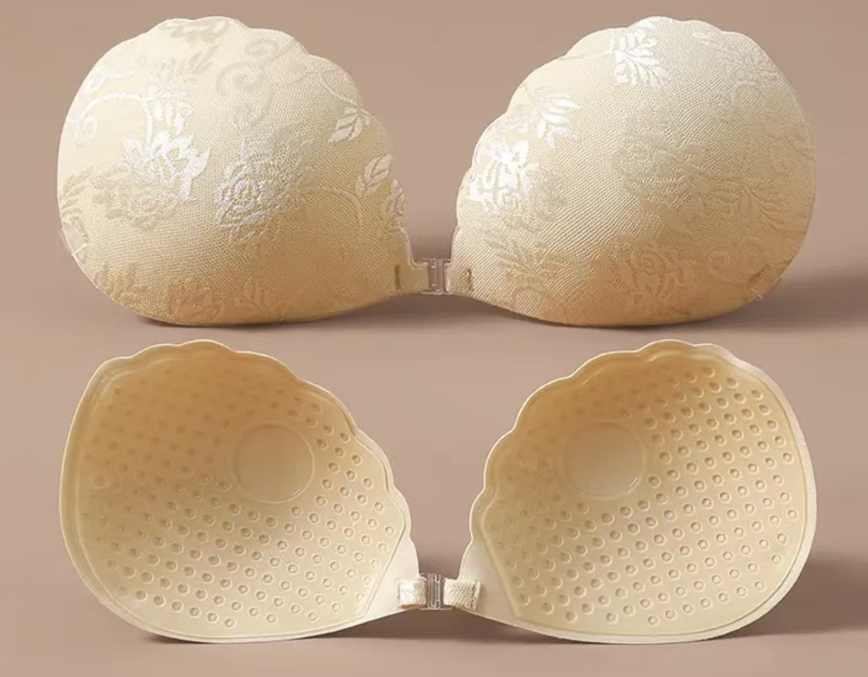 Nude Shell Lace Cup front and perforated bio-adhesive views