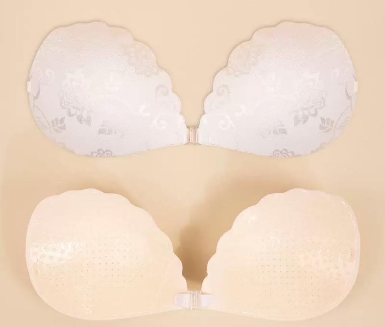 White Shell Lace Cup front and bio-adhesive views